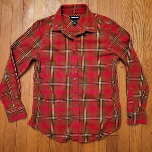 Lands End Red‎ Brown Plaid Flannel Button Down Shirt Top 6P Festival Winter
